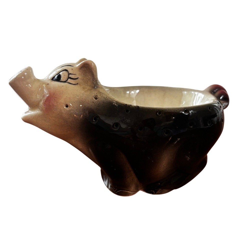 Vintage Pig Hat Pin Holder 1950s  Brown Ceramic Kitsch Figurine CottageCore